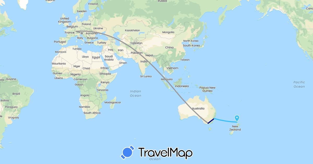 TravelMap itinerary: driving, plane, boat in Australia, Switzerland, New Zealand, Singapore, Slovenia (Asia, Europe, Oceania)